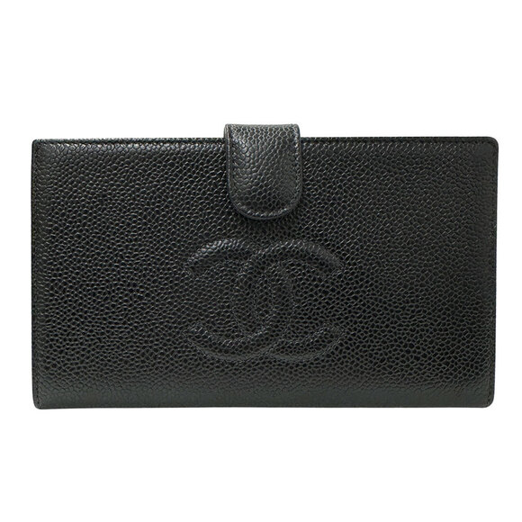 CHANEL Authentic Black Caviar Leather Logo Wallet